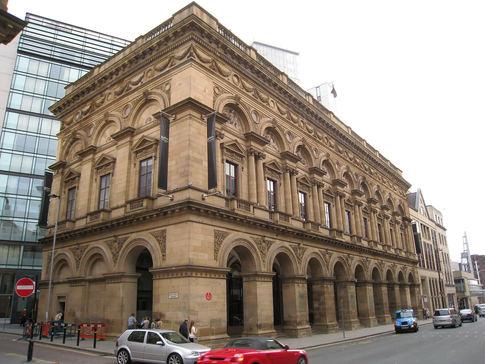 The Free Trade Hall, Manchester, where a listener shouted "Judas!" in May 1966; only the front survives (photo 2008)