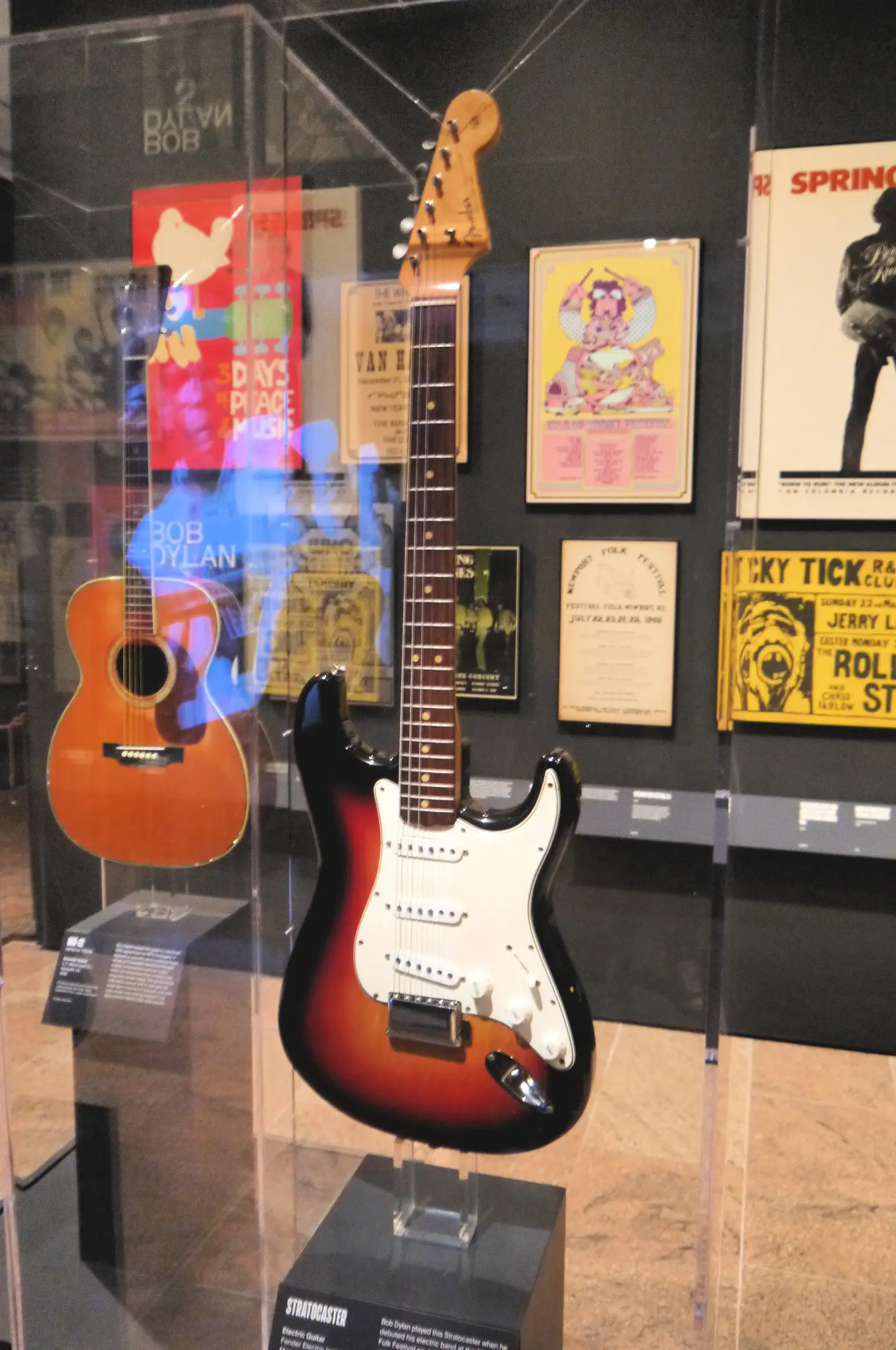 The Fender Stratocaster he played at Newport on 25 July 1965, shown at the Metropolitan Museum of Art in 2019